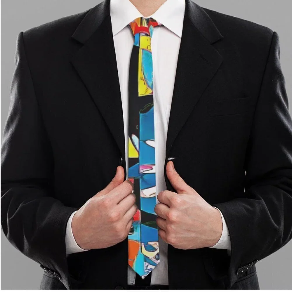 Tie Designer Menswear Necktie Mid Century Patchwork Blue Modernist Abstract Art